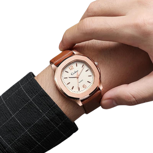 Rose gold GIACOMO Casual Deri Şık saat, kahverengi deri kayış ve beyaz kadran ile