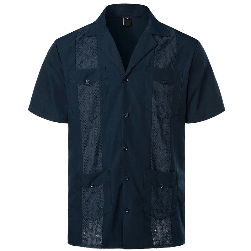 Navy mavi guayabera tarzı kısa kollu CARIBBEAN® erkek plaj gömleği