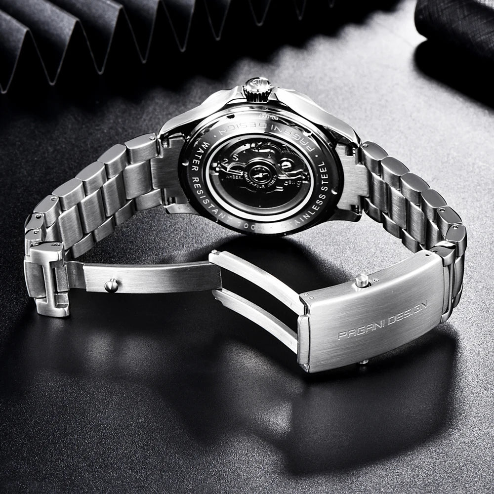 Stainless steel erkek lüks saat with metal bracelet and visible display caseback