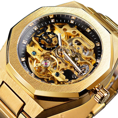 Gold-plated skeleton watch with octagonal case and visible movement from Julien Montre® 3D