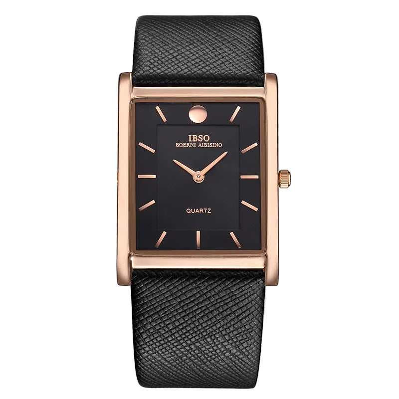 Rectangular rose gold watch with black leather strap and dial, IBSO® Ultra İnce Dikdörtgen