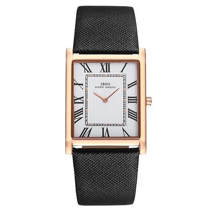 Rectangular rose gold watch with Roman numerals and black leather strap, IBSO® Ultra İnce Dikdörtgen