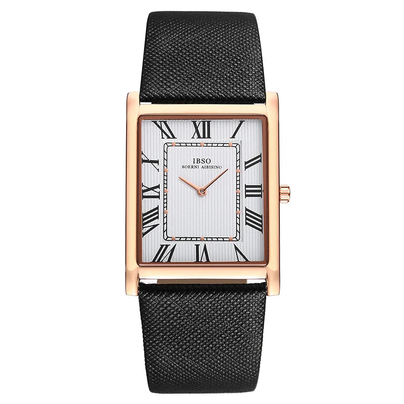 Rectangular rose gold watch with Roman numerals and black leather strap, IBSO® Ultra İnce Dikdörtgen