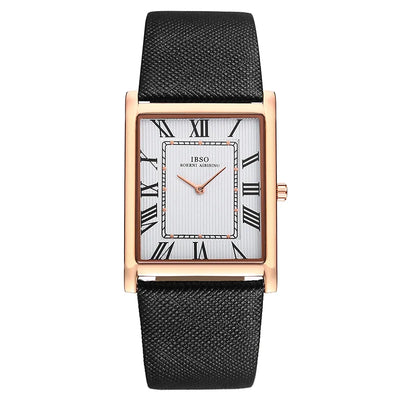 Rectangular rose gold watch with Roman numerals and black leather strap, IBSO® Ultra İnce Dikdörtgen