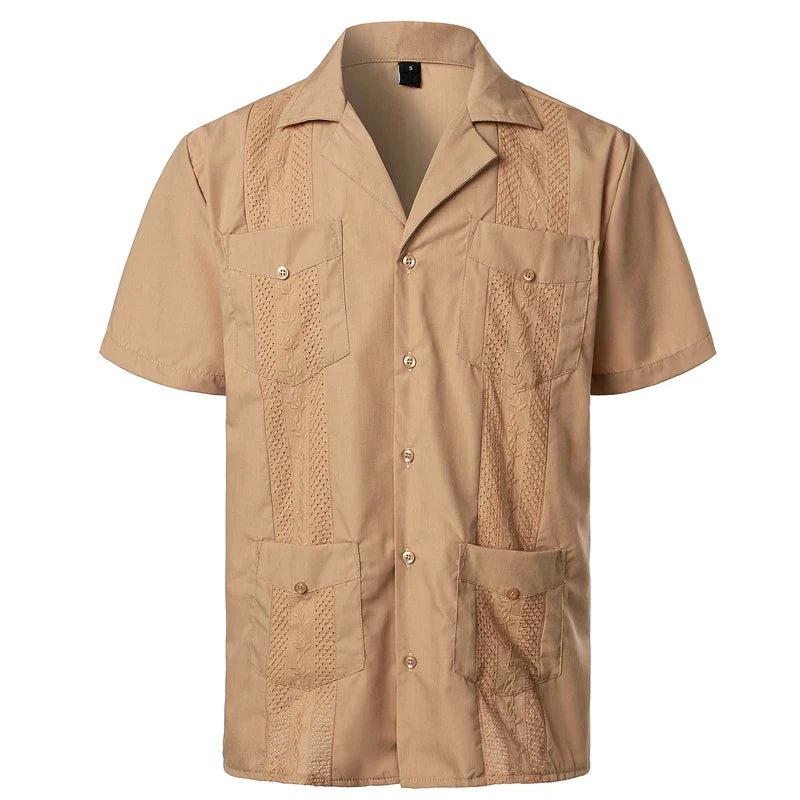 Tan guayabera tarzı kısa kollu gömlek, CARIBBEAN® erkek plaj gömleği tasarımı