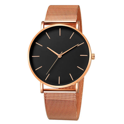 Rose gold RODRIGO Zarif Minimalist Saat with black dial and mesh metal band