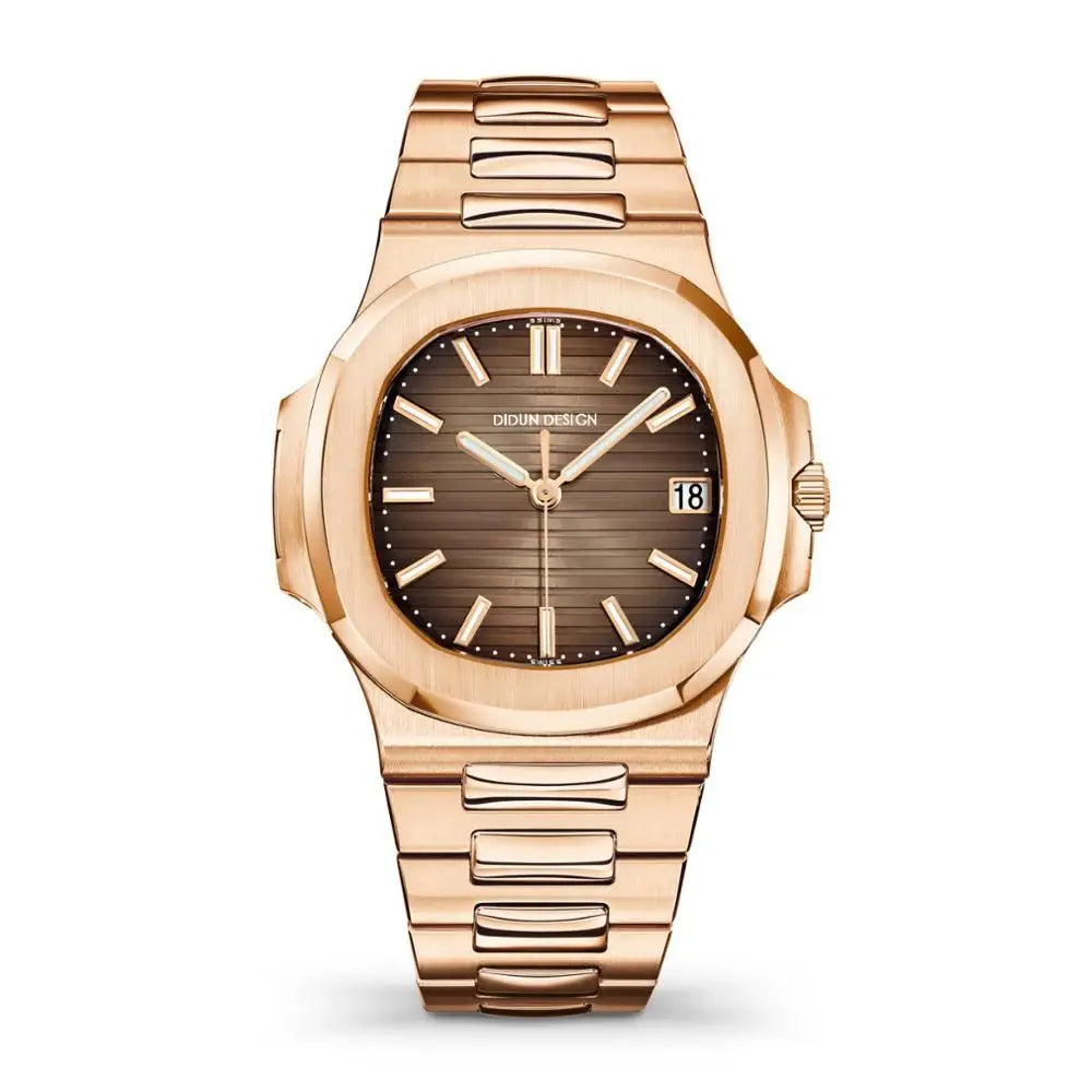 Rose gold Patek Philippe Nautilus quartz saat with brown dial and metal bracelet