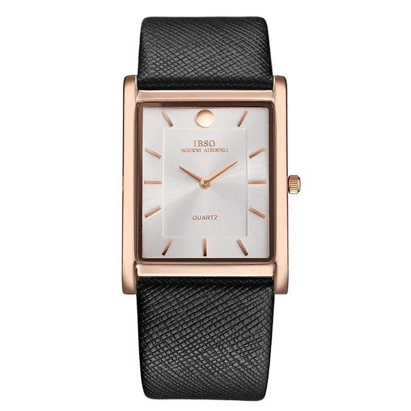 Rectangular rose gold watch with black leather strap and white dial, IBSO® Ultra İnce Dikdörtgen