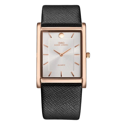 Rectangular rose gold watch with black leather strap and white dial, IBSO® Ultra İnce Dikdörtgen