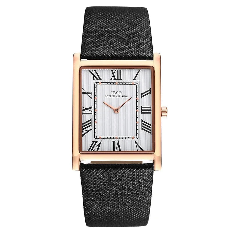 Rectangular rose gold watch with Roman numerals and black leather strap, IBSO® Ultra İnce Dikdörtgen