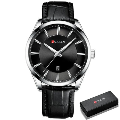 Sleek black and silver CURREN 2.0 Erkek Şık Deri Saat with leather strap and date display