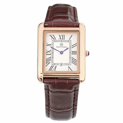 Elegant rose gold lüks deri saat with Roman numerals and brown leather strap