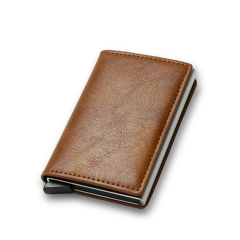 Brown leather wallet with metallic card holder for Vintage RFID Deri Cüzdan