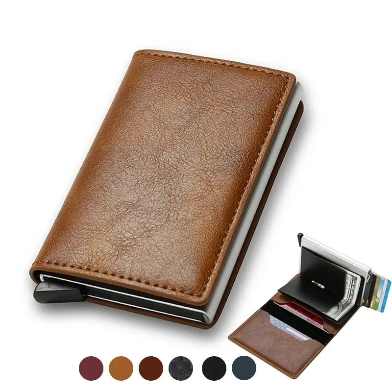 Brown leather card holder wallet with automatic card ejection, Vintage RFID Deri Cüzdan