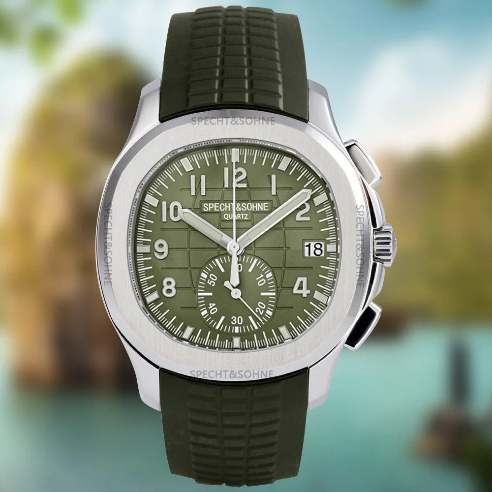 Patek Philippe Aquanaut kronograf, zeytin yeşili kadranlı modern silikon erkek saati