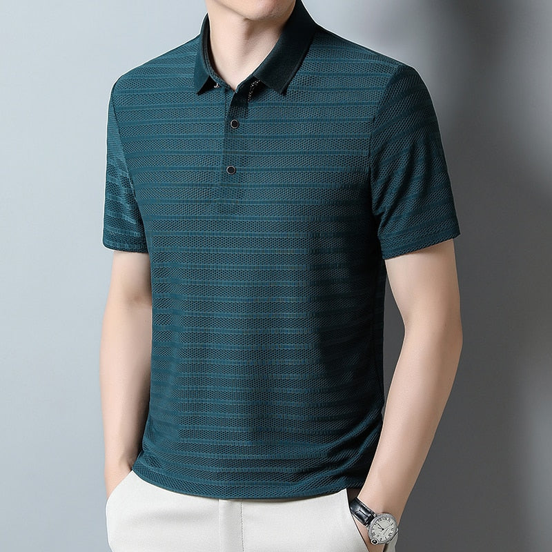 Vinthentic Di Seta Premium İpek Gömlek, teal polo shirt with textured stripes and black collar