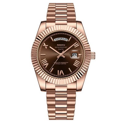 Rose gold Nibosi erkek gündüz tarihli lüks saat, kahverengi kadran ve fluted bezel