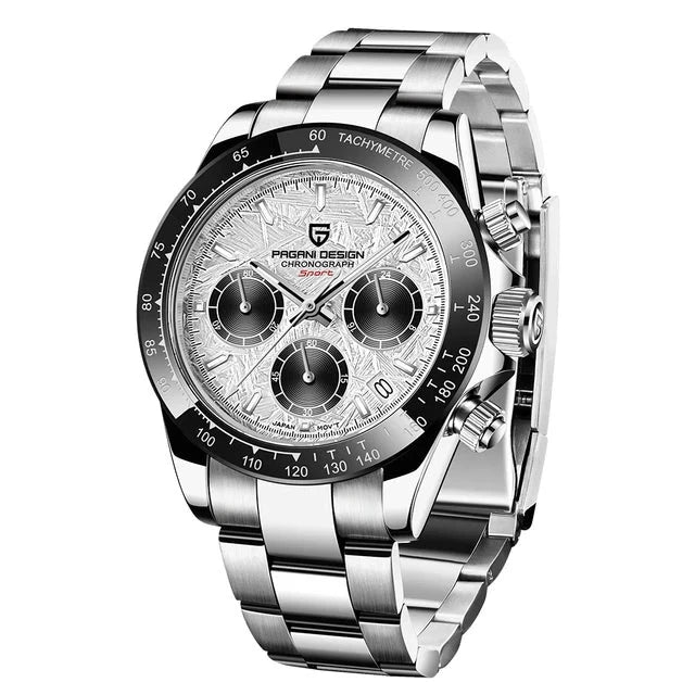 Stainless steel chronograph watch with white dial and black subdials, PAGANI 3.0 Erkek Lüks Spor Saat