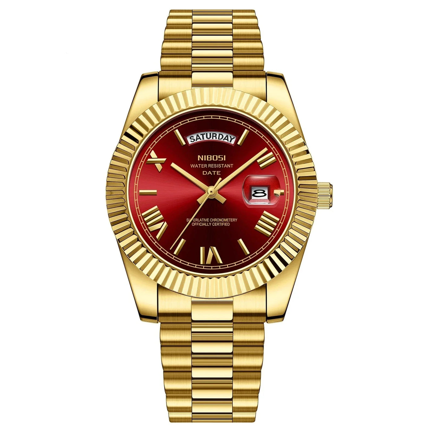 Gold-plated NIBOSI® Erkek Gündüz Tarihli Lüks Saat with red dial and Roman numeral markers