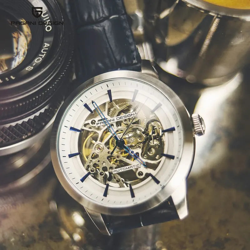 MIRANO Klasik Deri Saat has a skeleton mechanical watch with a white face and blue markers