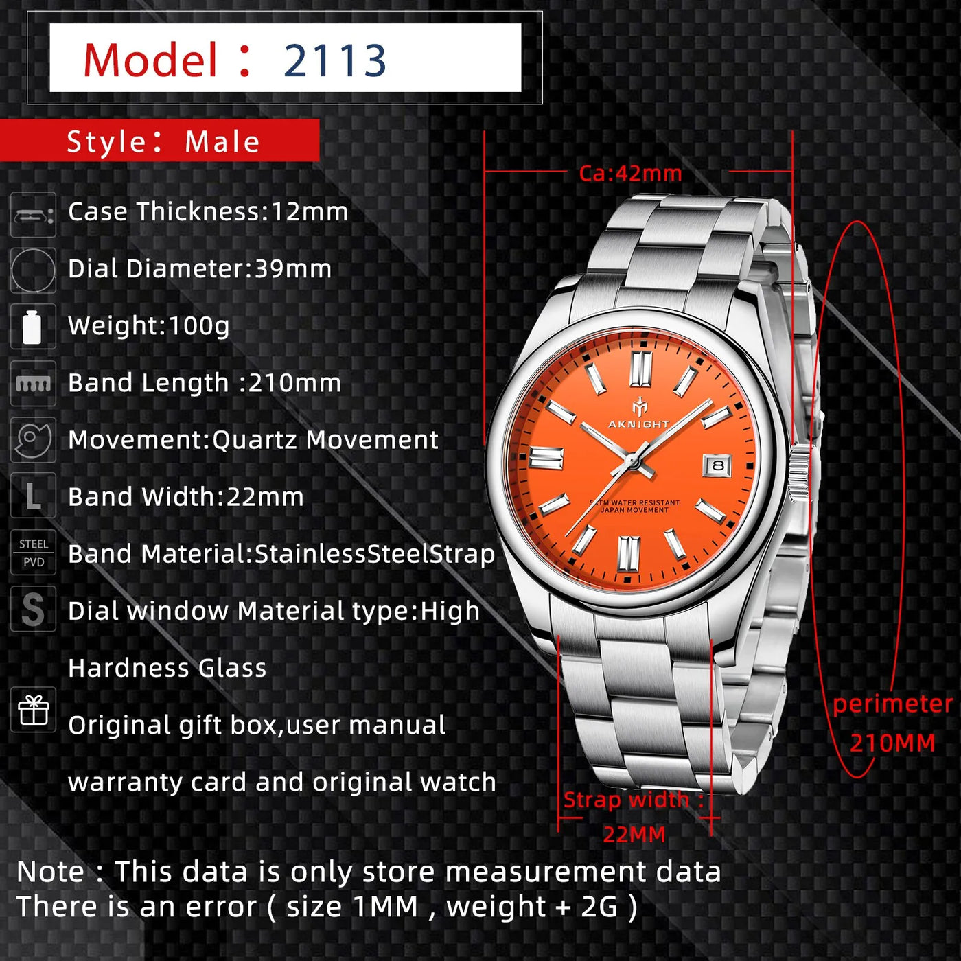 Stainless steel wristwatch with orange dial in PIERRE® Su Geçirmez Gümüş Saat