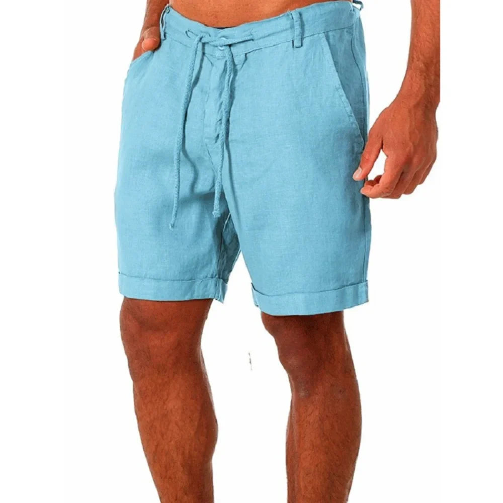 Light blue drawstring shorts with rolled cuffs, erkek pamuk keten, paça genişliği şort