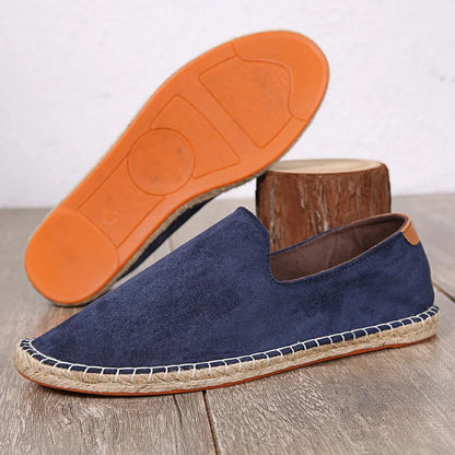 Navy mavi süet espadril loafer, Leonardo Corona Yaz koleksiyonu, turuncu kauçuk taban