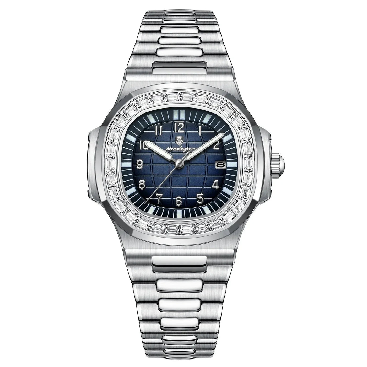 Stainless steel lüks kare saat with blue dial and diamond-set bezel on bracelet