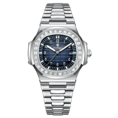 Stainless steel lüks kare saat with blue dial and diamond-set bezel on bracelet