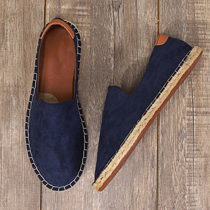 Navy mavi süet espadril, deri şerit ve jüt iplik tabanıyla Leonardo Corona Yaz Loafer