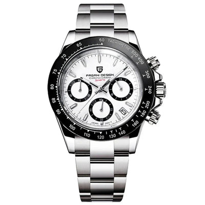 Stainless steel chronograph watch with white dial and black bezel, EDGAR® Modern Erkek