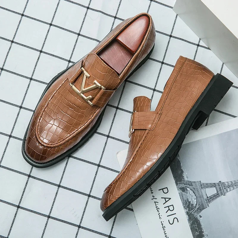 Brown crocodile-textured leather loafers with gold hardware from VITT Erkek Lüks