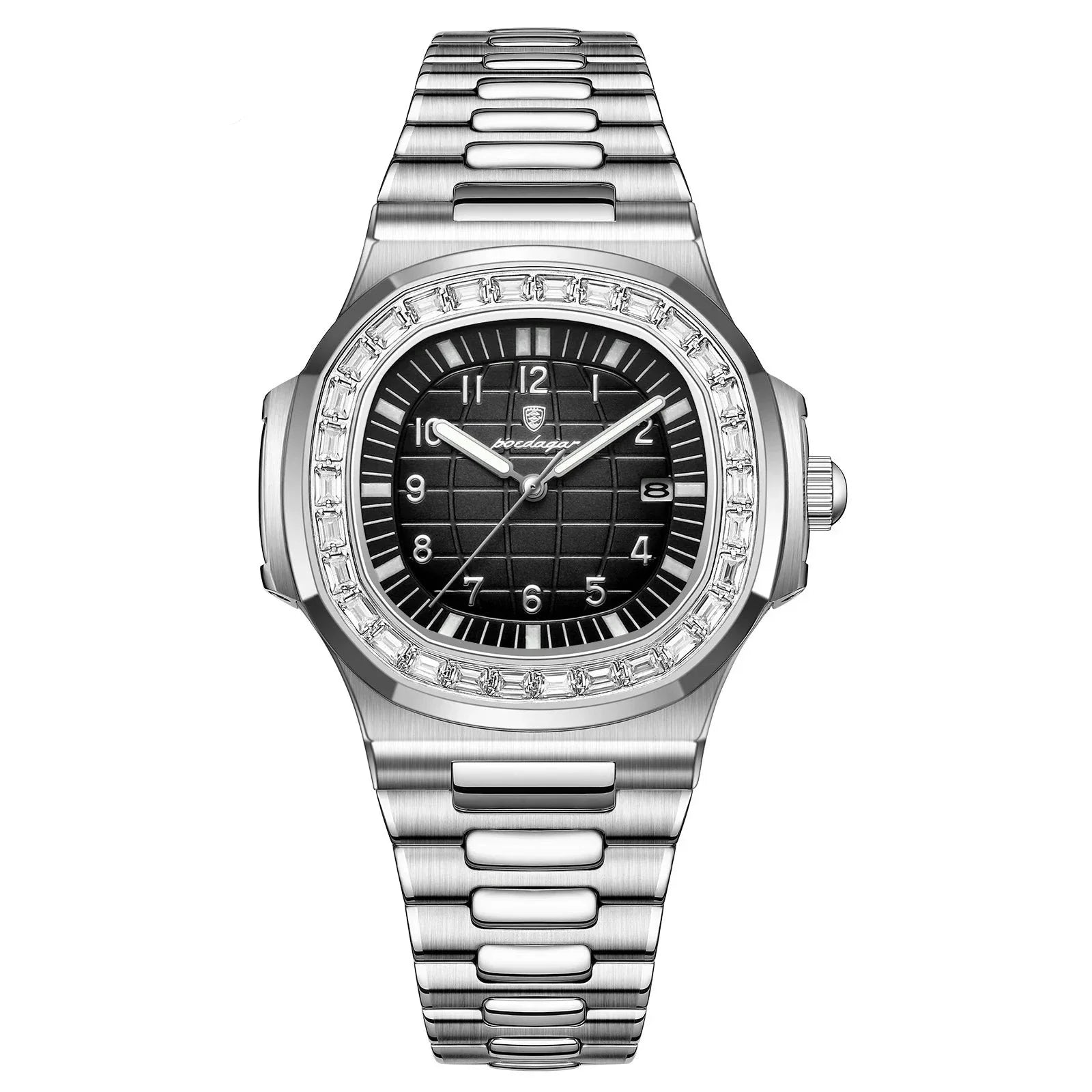 Stainless steel lüks kare saat with diamond bezel and black dial on metal bracelet