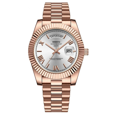 Rose gold lüks saat, fluted bezel ve gümüş kadran ile NIBOSI® Erkek Gündüz Tarihli