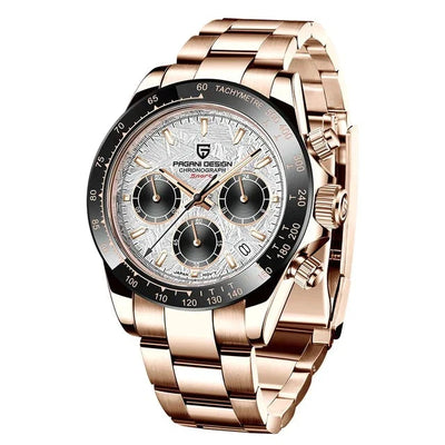 Rose gold chronograph watch with white dial and black bezel for erkek lüks spor saat