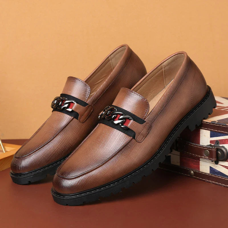 Brown leather loafers with black chain detail from Henri Rousseau Deri Fındık Babet