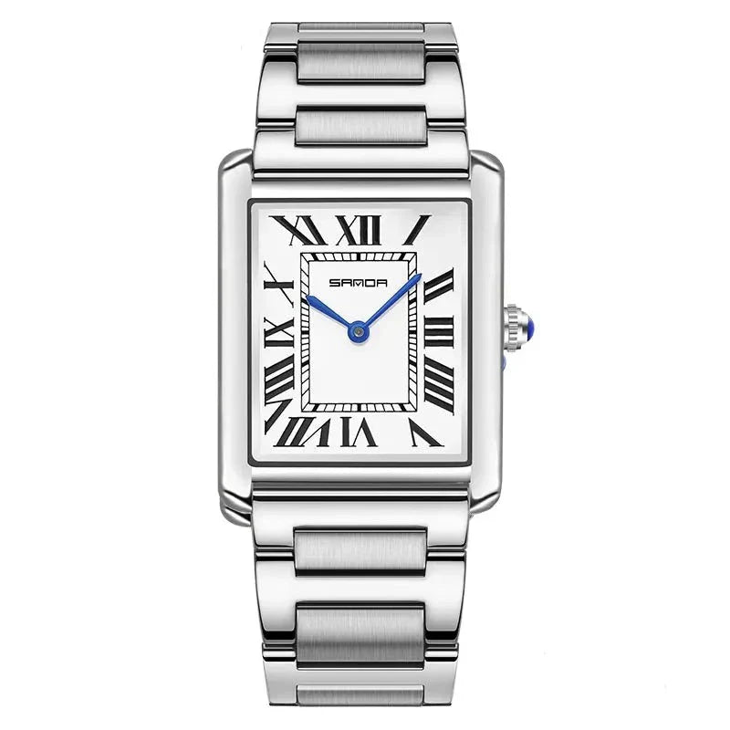 Rectangular stainless steel kare tasarım saat with Roman numerals and blue hands