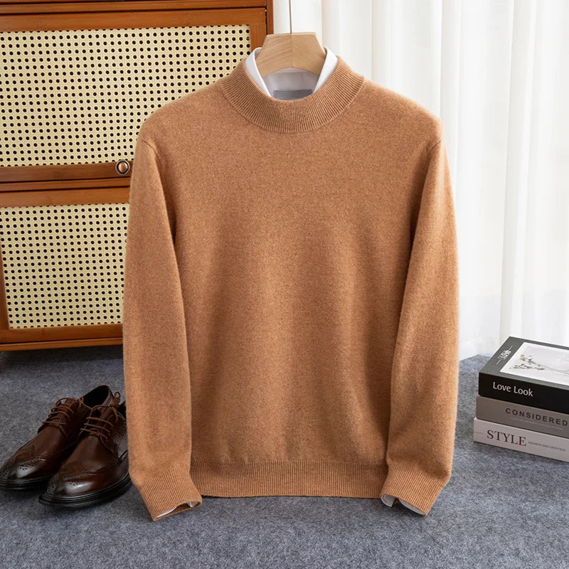 Camel rengi turtleneck, ribanalı manşetlerle Alden Yumuşak Yün Kazak tasarımı