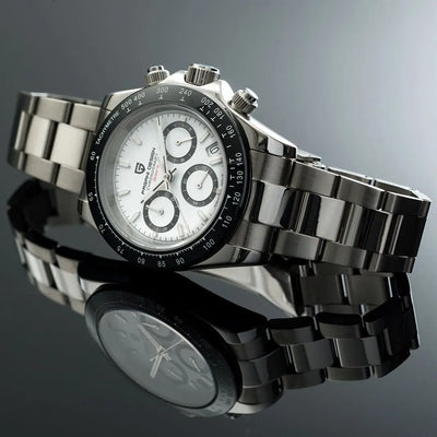 Stainless steel chronograph watch with white dial and black bezel for erkek lüks spor