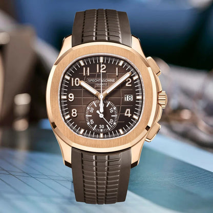 Patek Philippe Aquanaut kronograf saati, rose gold kasa ve kahverengi silikon erkek saati