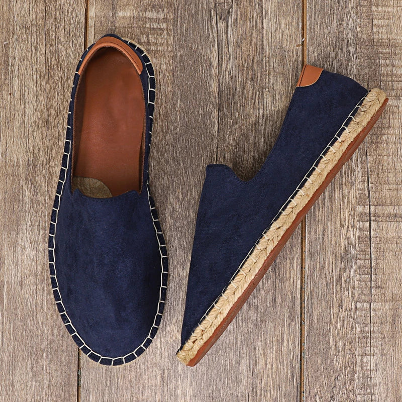 Navy mavi süet espadril, Leonardo Corona Yaz Loafer Ayakkabı ile şık kontrast dikiş