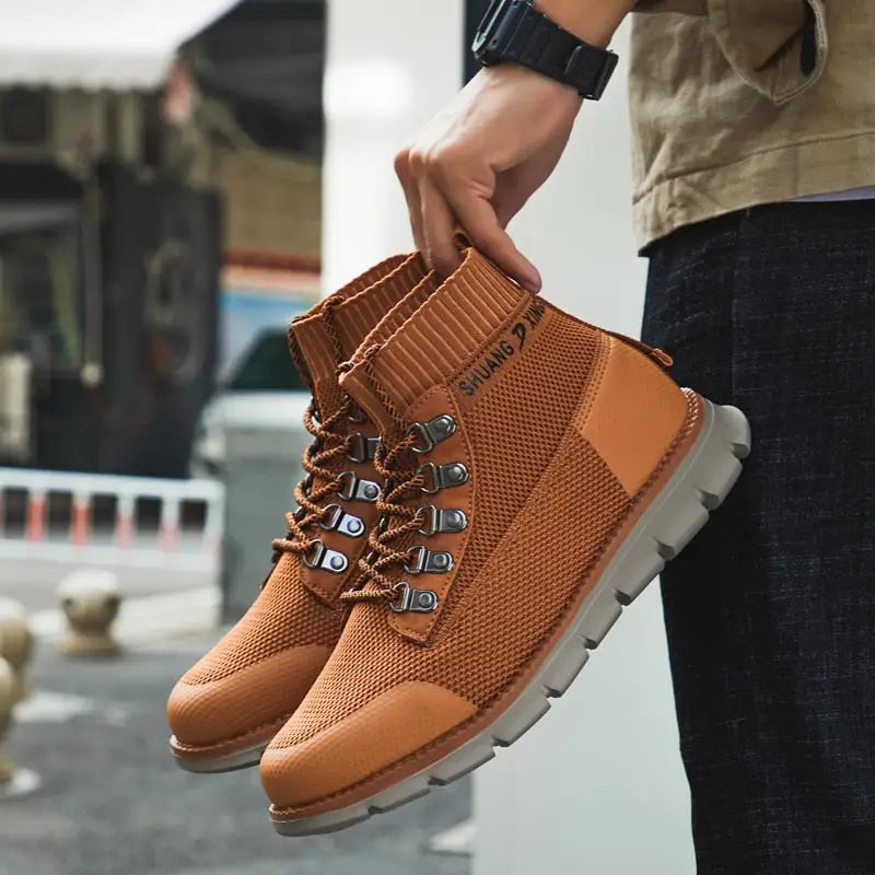 Tan knit hiking boot with leather trim and white rubber sole from Alderbrook, dorik erkek bot