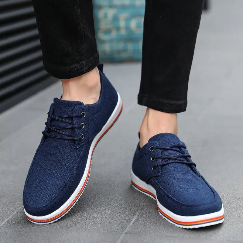 Navy blue canvas Amalfi erkek loafer with white and orange striped soles