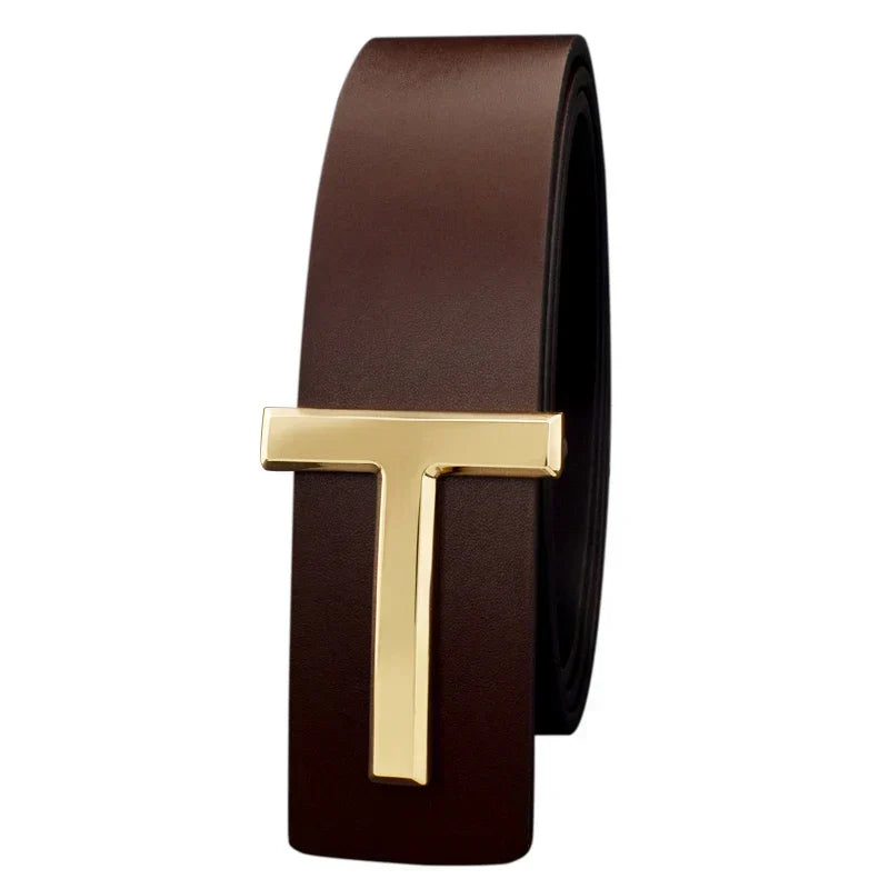 Brown leather belt with a gold T-shaped buckle from Alexios erkek tasarım