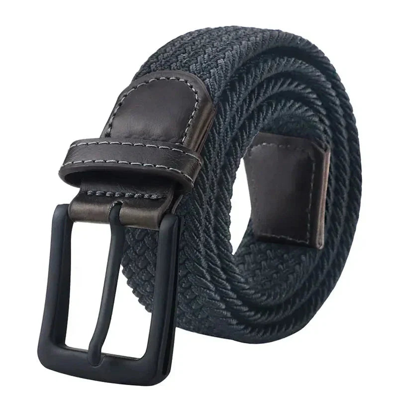 Arcano navy blue woven elastic belt with black leather trim uyum sağlar