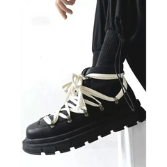 Archenwood Black platform bot with white laces and chunky sole, perfect Varkin unisex bot