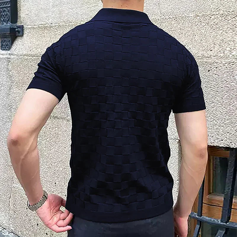 Argento navy blue jakarlı polo tişört with textured pattern for a stylish look