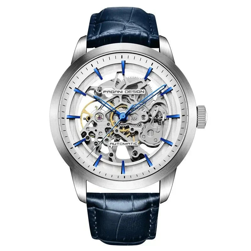 Armonia Reale is a skeleton dial automatic watch with silver case and blue leather strap