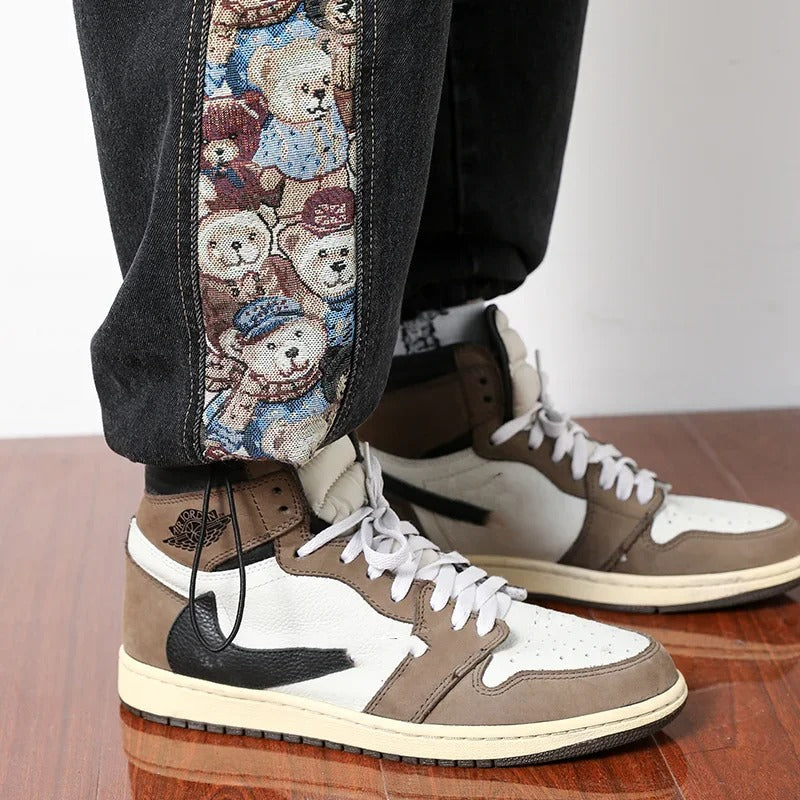 Brown and white high-top sneakers with BearStride Jean Eşofman Pantolonu above