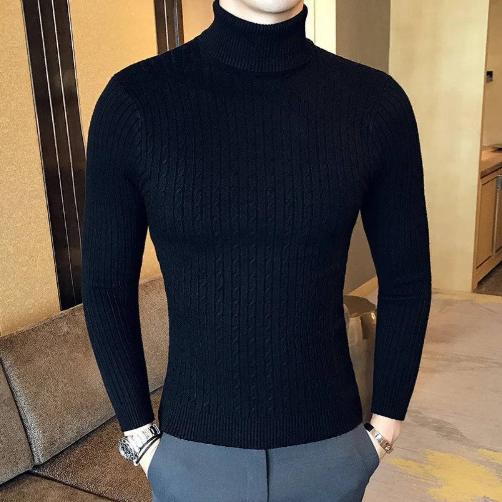 Kalma, davide® kışlık balıkçı yaka siyah turtleneck kazak, kabartmalı örgü deseniyle